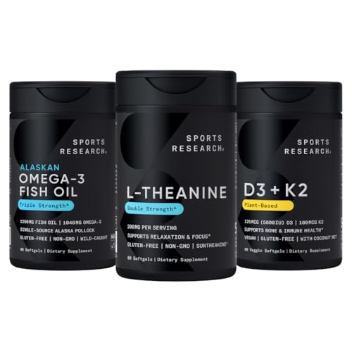 体育科研机构健康包 - 双强L-神(太阳神)增产200mg,三强Omega 3鱼油(1250mg)和Vegan维生素D3(5000 IU)+K2(100mcg Mk7)