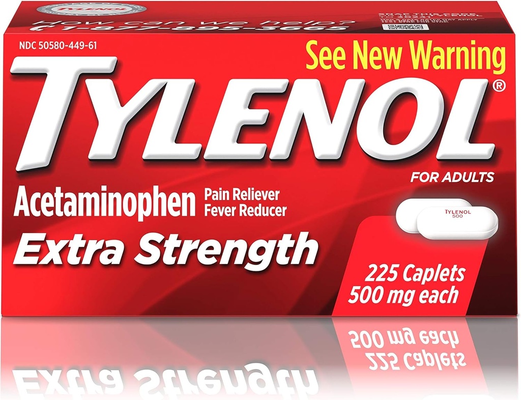 含有500毫克乙酰氨基苯的Tylenol Extrastrong Caplets, 疼痛除颤器,用于头痛、背痛和脑痛缓解, 225厘米