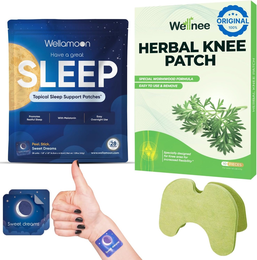 wellnee & Wellamoon Wellness Pack: 草本膝盖舒适补丁(10个计数) & 自然睡眠支持补丁(28个计数) – 与植物类睡眠援助联合和肌肉舒适