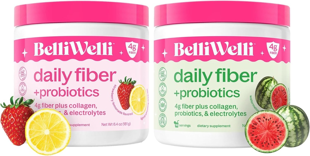 Belli Welli Daily Fiber Supplement Bundle - 草莓柠檬汁和西瓜 - 柯拉根、Probiotics和电解剂促进平衡健康 - 刷新火焰,32种服务