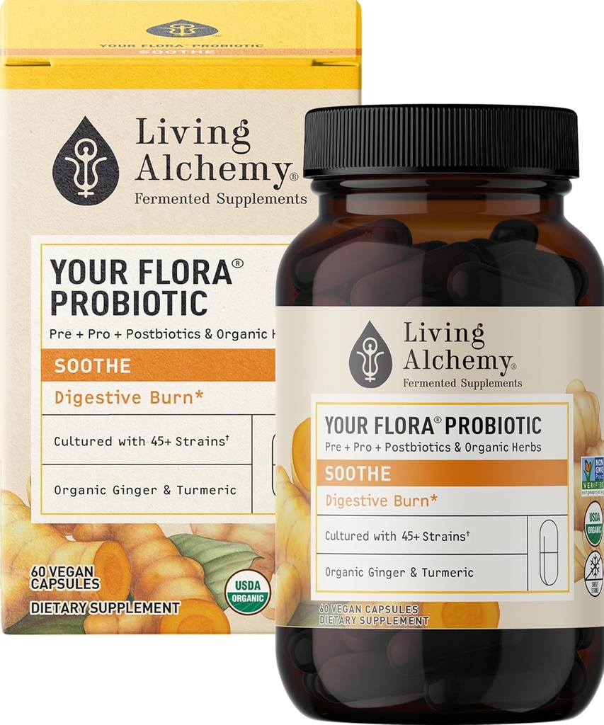 你的Flora Probiotic Soothe – 非GMO 配有发酵豆,Ginger, & Turmeric for Gut balance, Digestion, & Support – Prebiotics, Postbiotics, 消化酶 – Living Alchemy, 60 Pcs.