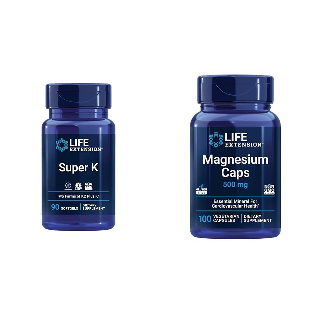生命延长 超级 K 维生素 K1, K2 MK-7, MK-4, 维生素 C 和镁胶囊500mg, 心,骨, 动脉健康