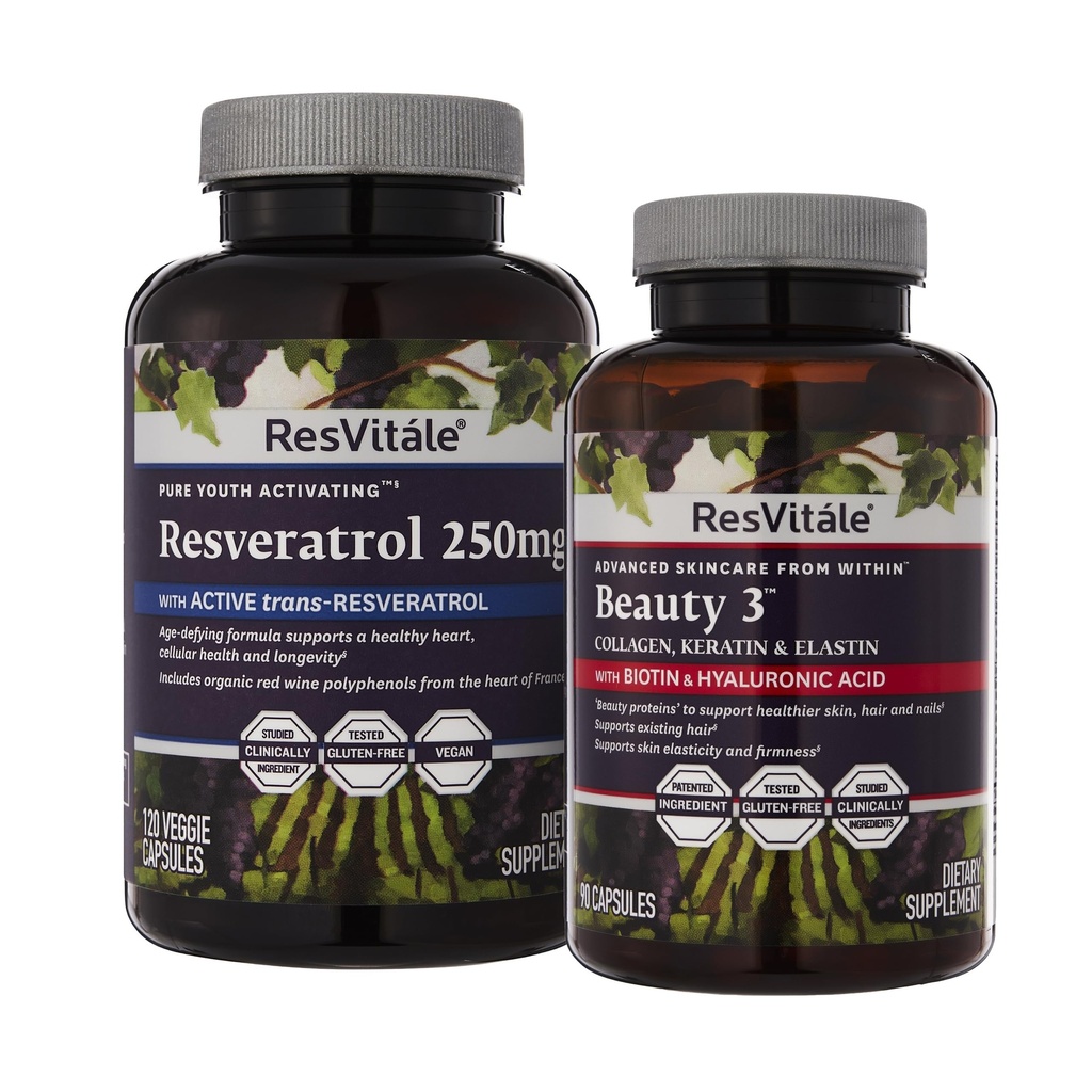 ResVitale Beauty 3 - Skin Care Supplement with Collagen, Keratin & Elastin - 90 Capsules & Resveratrol 250 mg - Resveratrol Supplement for Men and Women - 120 Veggie Capsules