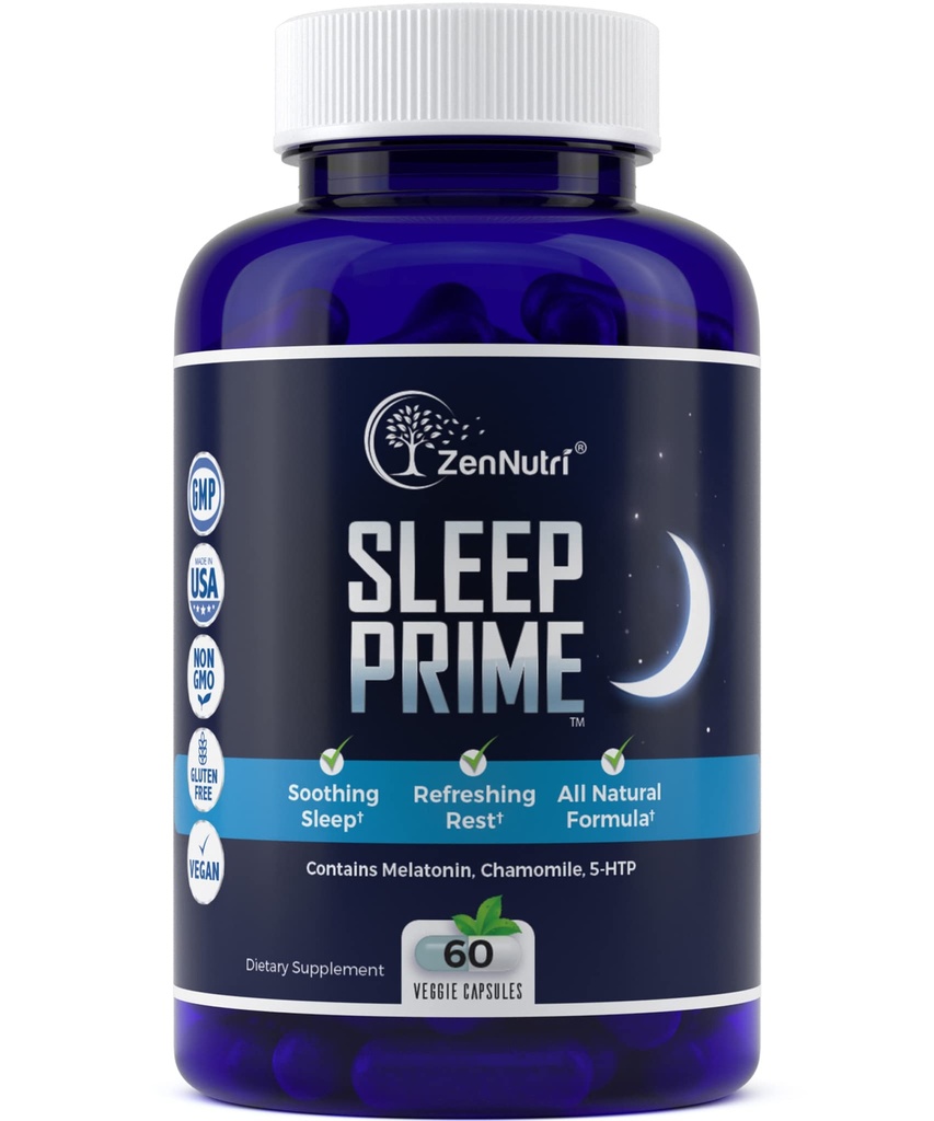 睡眠Prime Vegan 成人超强自然睡眠援助 - 深眠补充 - 草药睡眠药 - 压力缓解 - Melatonin, GABA - 60 Veggie caps