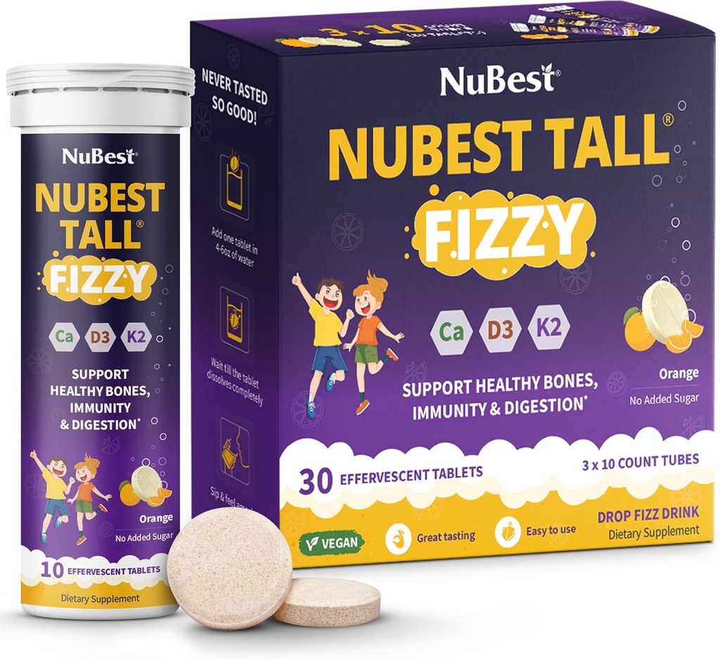 NBest Tall Fizzy - 骨强力,豁免,4岁+和青少年的消化健康 - Probiotic,Calcium,来自红海藻的镁,维生素 - 30 橙色埃弗森特片 - 包装 3