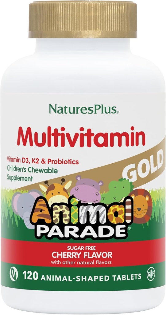 NaturesPlus 动物游行金子儿童烹饪多维明 - 天然樱桃火焰 - 120 动物形状表,包2 - 维生素D3,K2 & Probiotics - 120 总服务