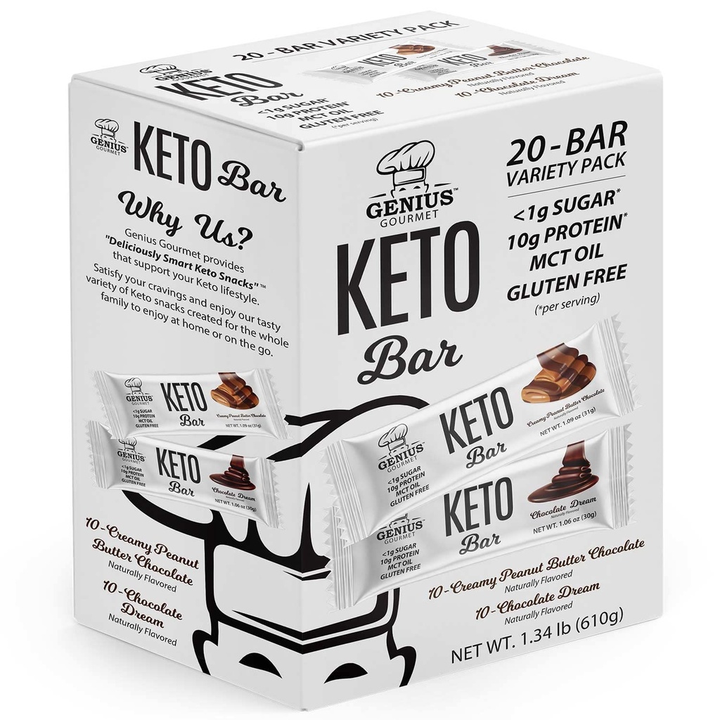 Genius Gourmet Gluten Free Keto 蛋白条,巧克力 Keto 条,Premium MCTs,低卡布,低糖(Variety Pack,20 Counter (Pack of 1))