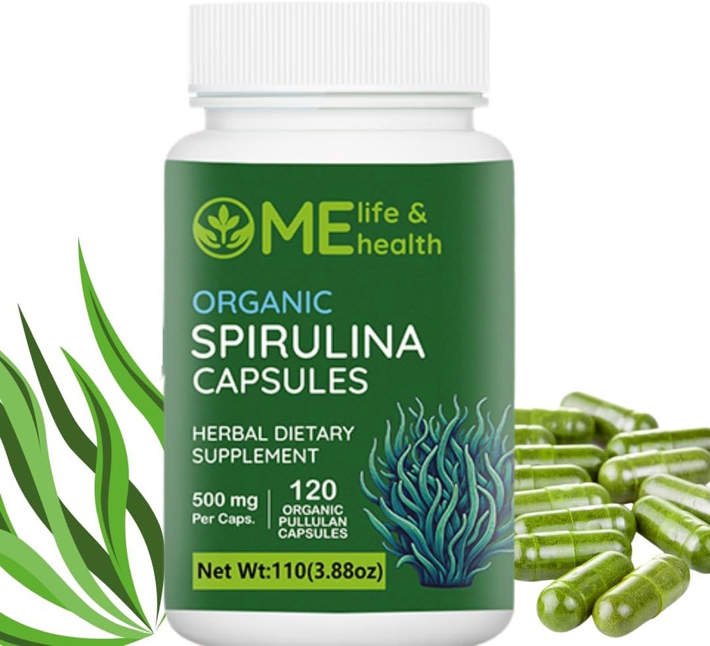 ME LIFE & HEALTH Spirulina Capsules, 100% Organic spirulina Powder (120 ct) 500mg Rich in Protein, vitamind A, B12 Antioxidants & Vitamins, Vegan, Natural and Pure spirulina Non-GMO & Gluten Free
