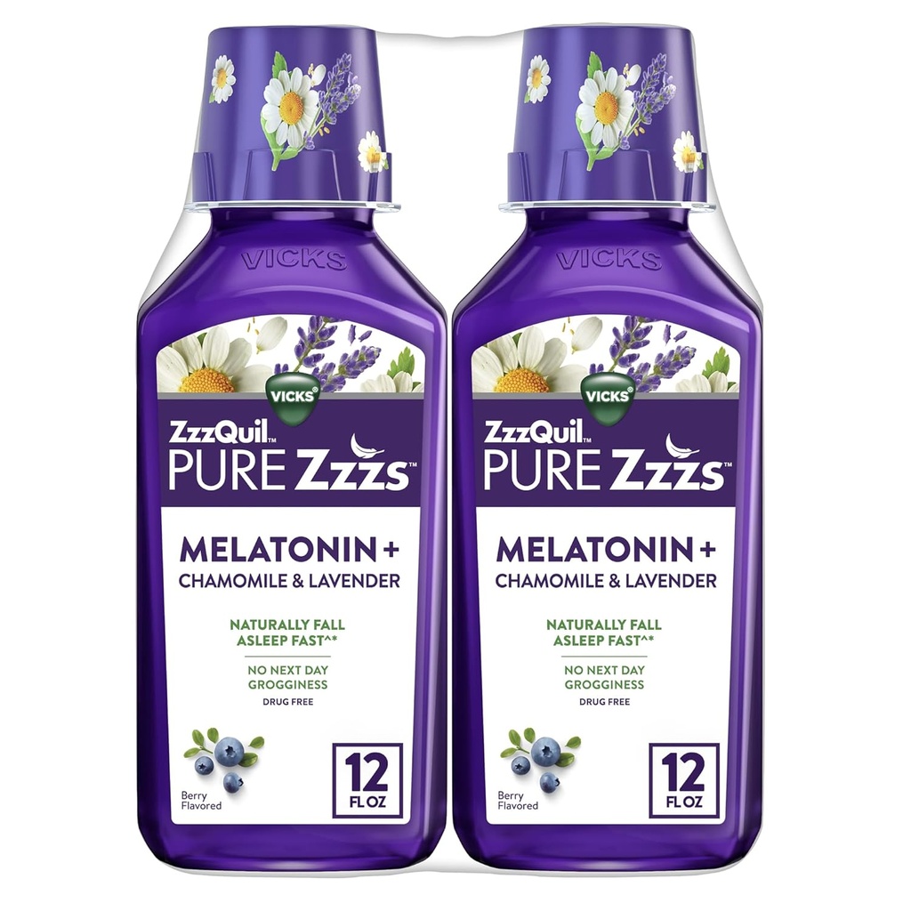 ZzzQuil Pure Zzzs Melatonin Liquid, Sleep Aid, Sliquid Melatonin 2mg, 配有 Chamomile & Lavender, Fall Asleep Fast, Melatonin 成人睡眠Aids, Berry Flavored, 2 Pack, 24 FL OZ 等.