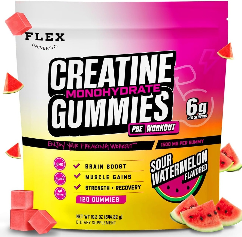 Creatine PreWorkout Gummys for Men Women 6g, Creatine 单水合物 PreWorkout Recovery Muscle Building Supplement Protein Chewables, Vegan 西瓜 Creatina Gym Booty 生长增益(120 吨)
