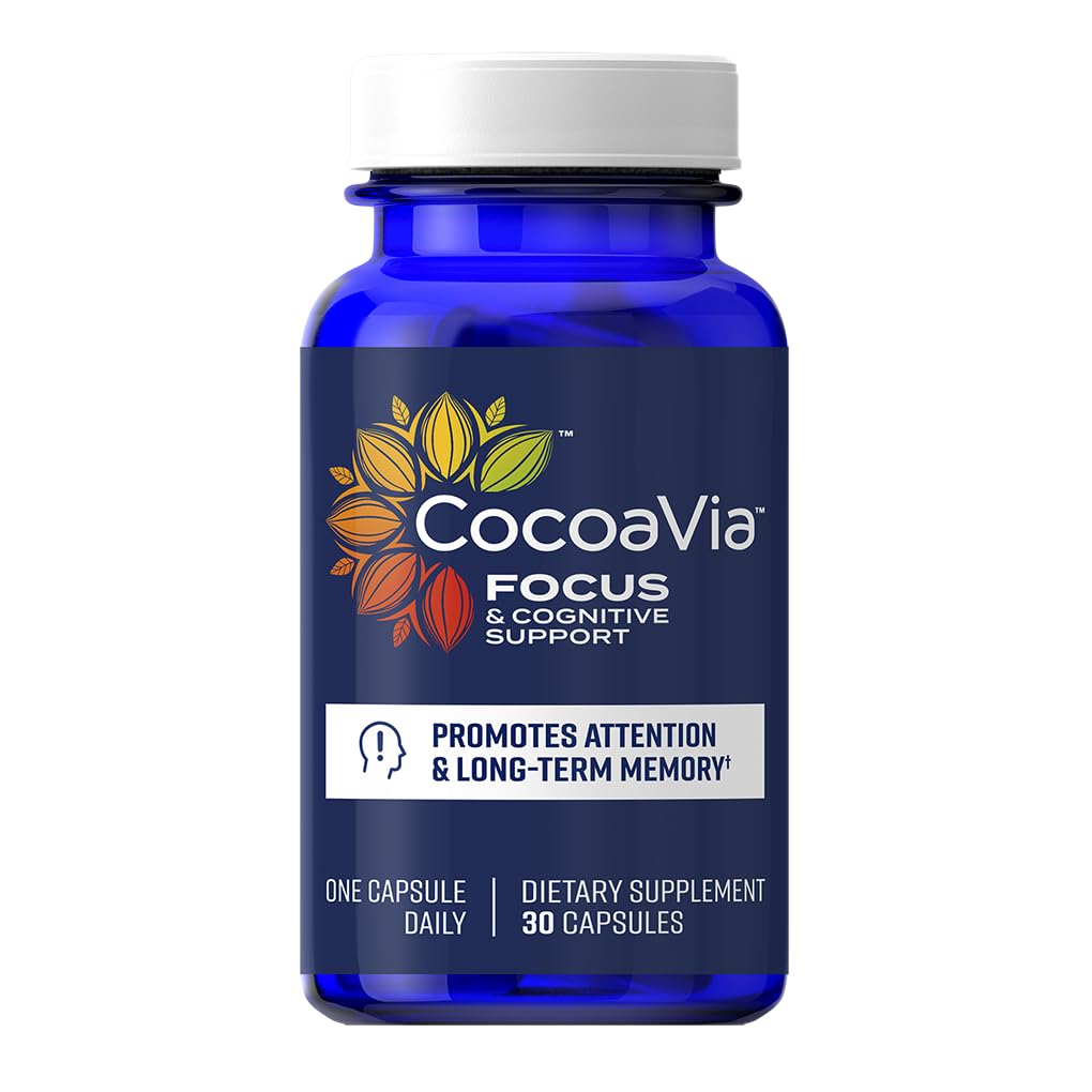 CocoaVia Memory & Focus Brain Supplement, 30 Day, Cocoa Flavanol Blend, Lutein, 添加咖啡因换靴. 改善认知功能, 注意, Vegan & Plant Based, 30 Capsules