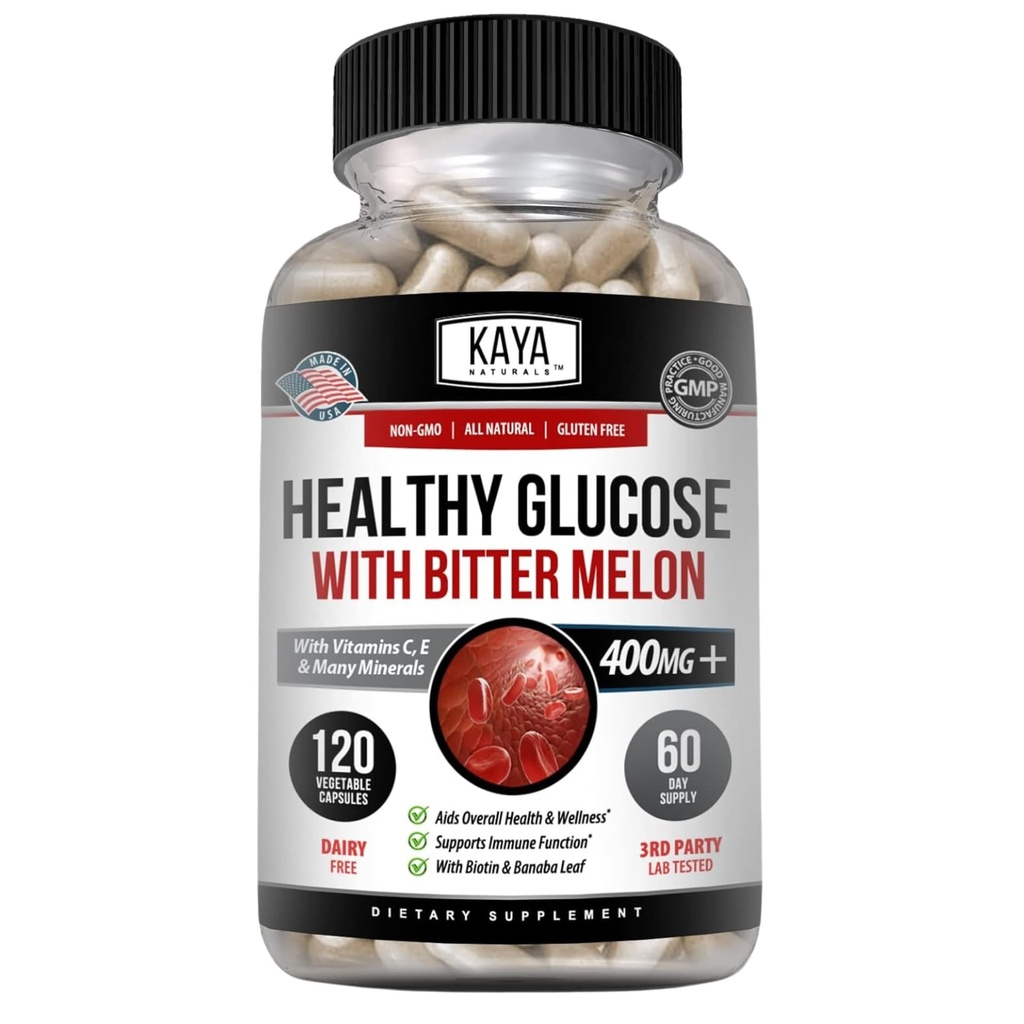 Kaya Naturals Health Gluco 配有 Bittermelon 补编 QQ 支持健康水平和功能, 20 种草类维生素和矿物, Alpha Lipoic Acide, Cinnamon, Vitamin C & E, Non-GMO (120 计数)