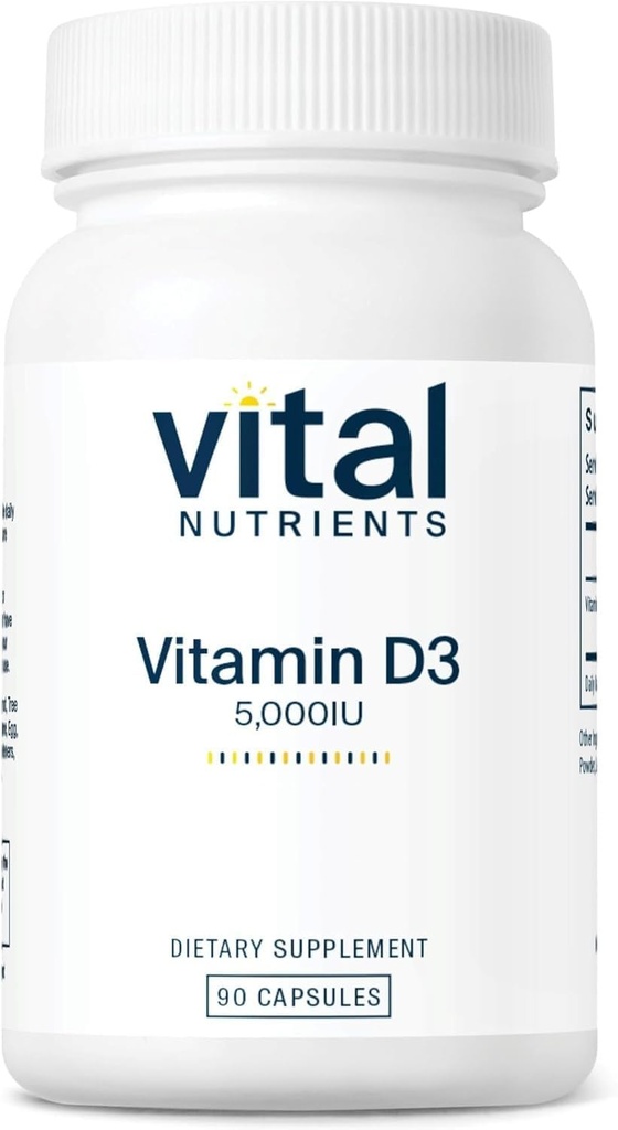重要营养素 维生素 D 5000 IU → 维生素 D3 补充 → 健康骨骼,牙齿,肌肉 → 细胞和免疫功能 → 钙吸收 → Gluten,乳制品和Soy Free → 90 Capsules