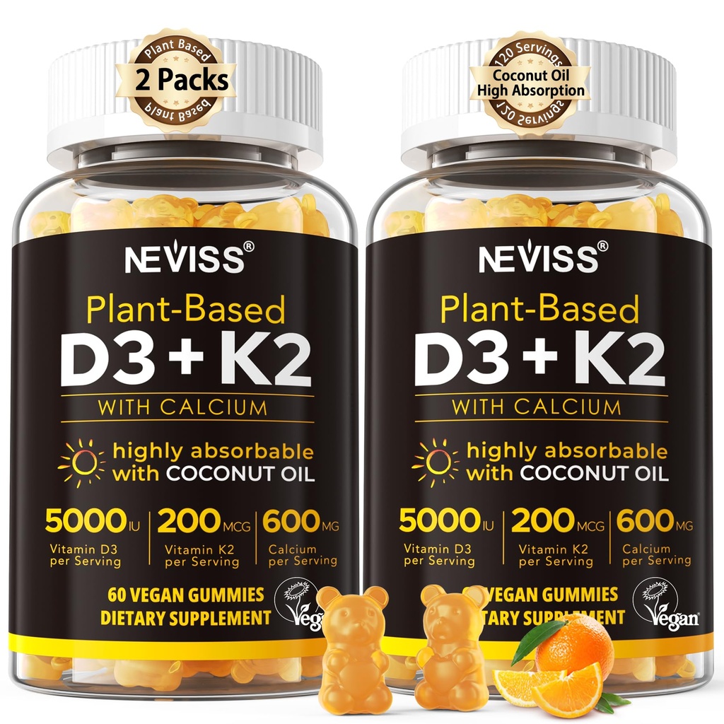 维生素D3 5000iu & K2(作为MK7) 200mcg Gummys + 600mg Calcium,配有Coconut Oil 用于高吸附,最大强维他命 D3 K2 补充 - 支持骨骼肌肉牙齿 Immune, Vegan 2Packs