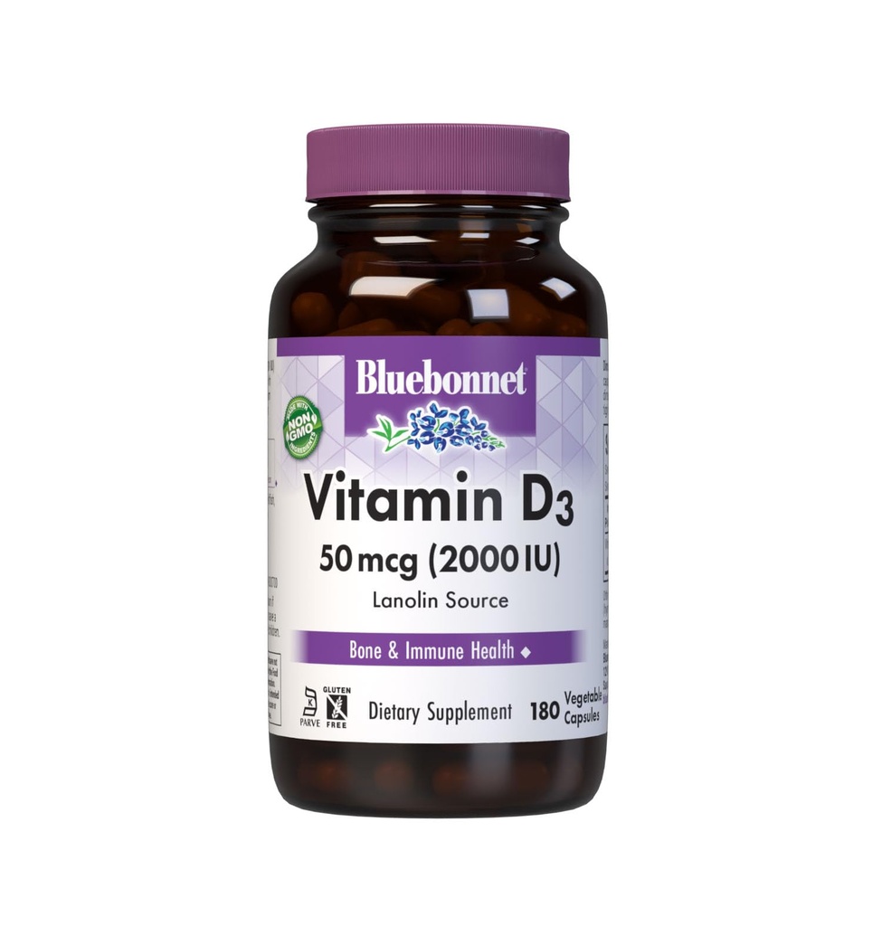 Bluebonnet 营养 维生素 D3 2000 IU 蔬菜卡普尔 肌肉和骨骼生长援助 Cholecalciferol from Lanolin, D3, 非转基因生物, Gluten Free, Soy Free, Milk Free, Kosher, 180 蔬菜卡普尔