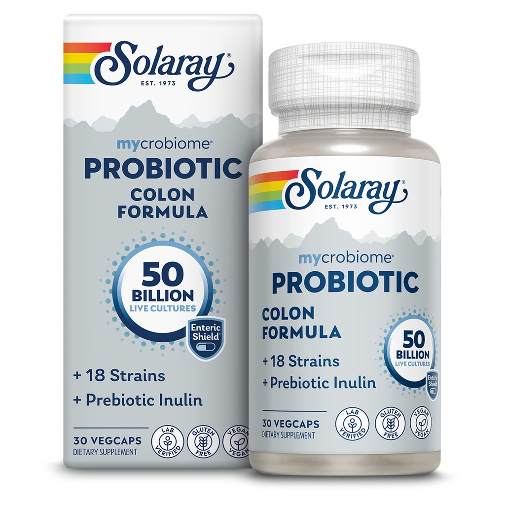 SOLARAY Mycrobiome Probiotic Colon Formule, Vegan, 消化功能, Colon 健康, 和免疫系统支助, 5亿 CPU, 18 Strains, 预生胰岛素, 60天保障, 30名服务员, 30名蔬菜