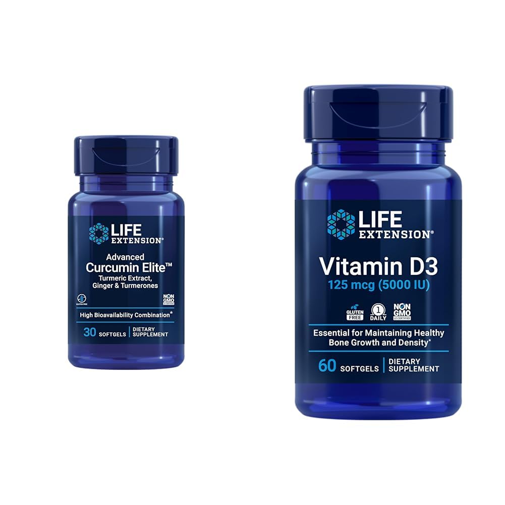 生命延伸 Curcumin Elite Turmeric 姜汁提取和维生素 D3,5000 IU Softgels - 健康炎症免疫反应和骨脑健康 - 30和60计