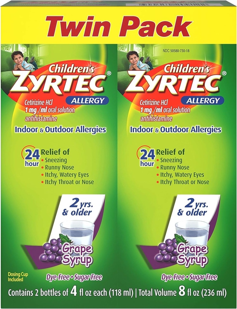 Zyrtec 24 Hr 儿童过敏糖浆与Cetirizine,无糖葡萄,双包4 f.