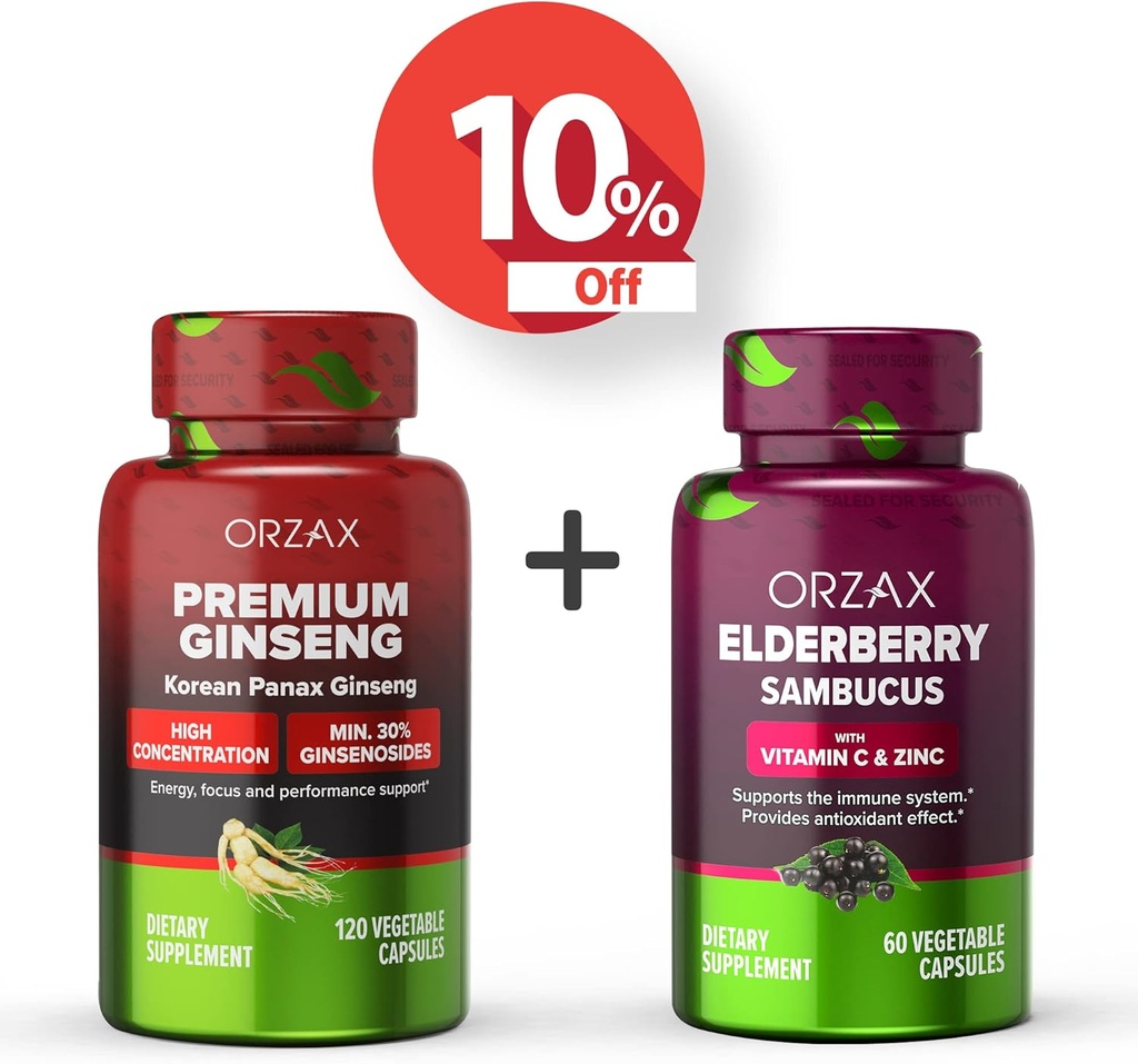 ORZAX Ginseng, 30% Ginsenosides, Premium 120 蔬菜盖和长老莓盖, 2000mg 60 蔬菜盖, Bundle