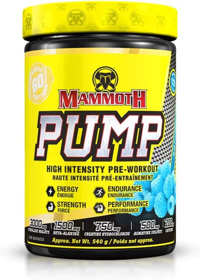 MAMMOTH PUMP – Pre Workout Powder, Superior Muscle Pumps, Increase Strength & Endurance, Explosive Power & Energy Supplement, Heightened Focus, Quick Recovery, Reduced Soreness (60 Serves, Blue