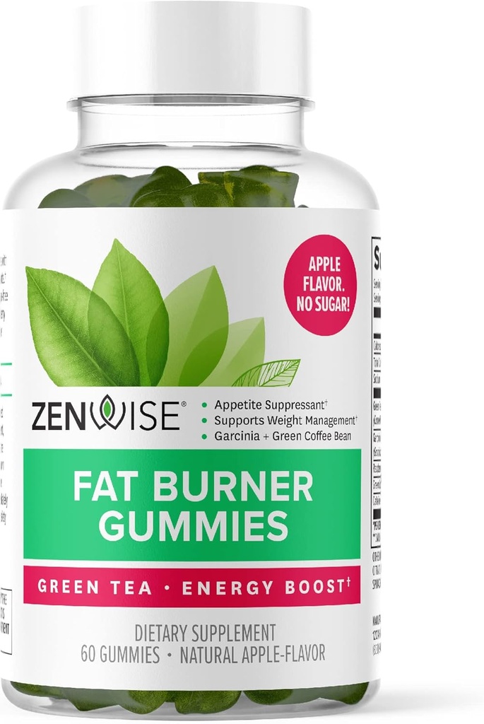 Zenwise Health Fat Burner Gummys - 使用绿色茶叶提取的体重损失抑制剂, Garcinia Cambogia 使用代谢药 + Green Coffee Bean and Raspberry Ketone - 60 Count Apple Gummys