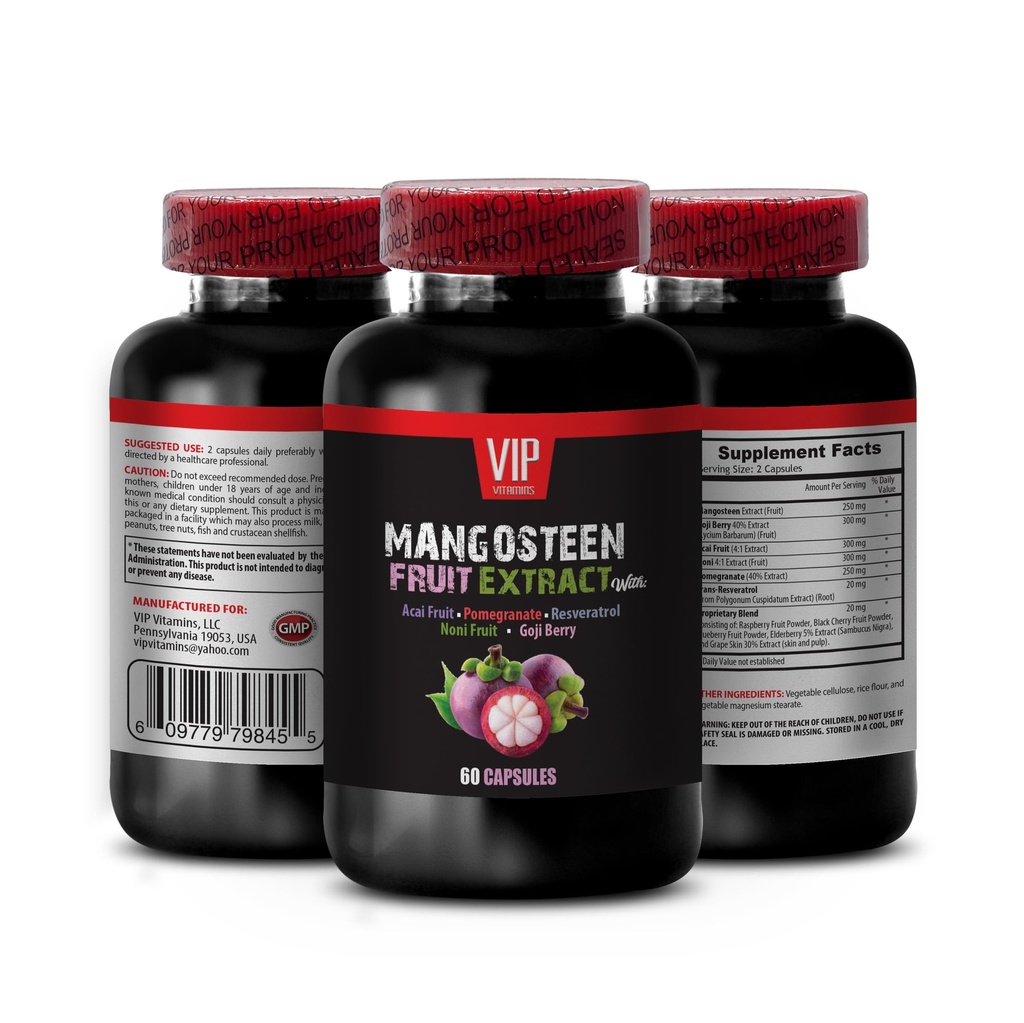 VIP VITAMINS MANGOSTEN,MANGOSTEN 提取 - 芒果提取 - Acai Berry, Goji Berry, Pomegrant, Noni, Trans-Resveratrol, 老年莓水果,葡萄皮 - 1瓶60卡普苏尔