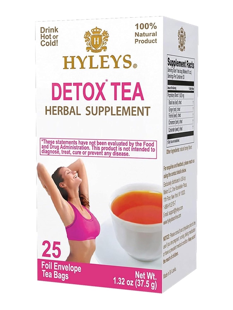 Hyleys Detox Tea for cleanse – 黑茶加姜,蜂蜜和肉桂 – 25 个茶袋(1包) – 支持文摘,Detox & Bloating Relief