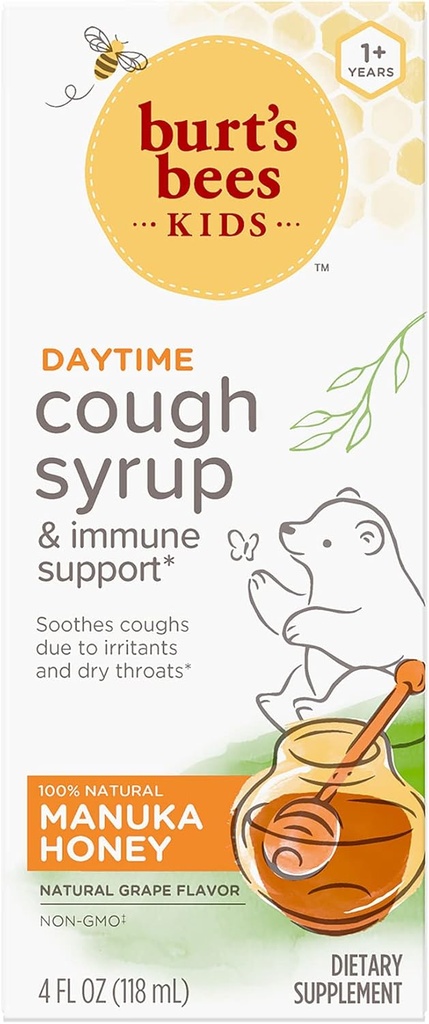 Burt's Bees Kids Daytime Cough Syrup and Immune Support, Natural Grape Flavor, 饮食副刊, 4 Fl Oz, 4 Fl Oz. 伯特的蜜蜂孩子日间咳糖浆和Immune支助, 天然葡萄糖 Flavor, 饮食副刊, 4 Fl Oz.