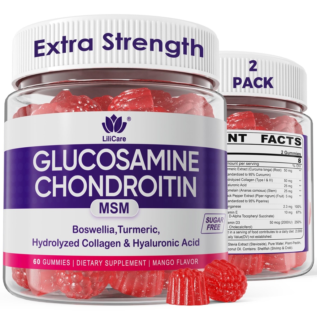 Glucosamine Chondroitin Gummys,无糖Glucosamine Chondroitin MSM补编,与Boswellia Turmeric,水解Colagen和Hyaluronic酸的超强,男女骨质健康,120Cts