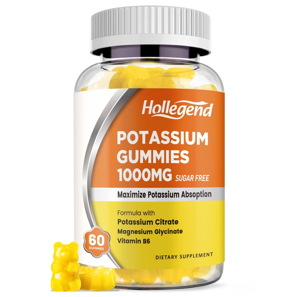 Gummys 1000mg钾,将钾Absoption 与维生素B6 镁混合最大化,Potasium 成人的细胞增量,无糖,60个