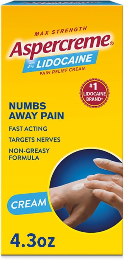 (原始内容存档于2018-10-09). Aspercreme Lidocaine 疼痛救济 Cream Soothes Agravated Nerves, Numbing Topical Analgesic with Max-Strength 4% Lidocaine & Moisturizing Aloe, 4.3 Oz.