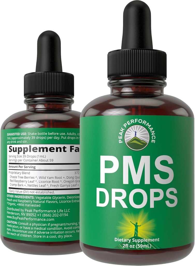PMS Relief 9-in-1 液滴增刊. 9 支持妇女受创伤期的草药材料。 Vegan, 零糖维生素 有机香草树贝里, Cramp Bark, Yam Root, Nettle Leaf