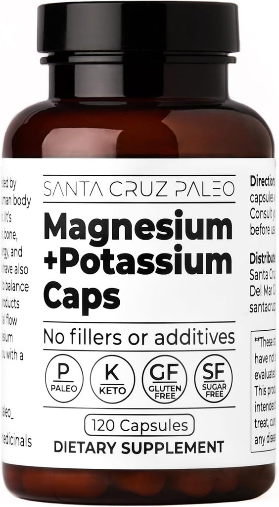 圣克鲁斯Paleo Magnesium Potassium Capsules,120 Capsules, 镁甘油酸和钾 Citssium, Gluten Free, Keto, 无糖, Paleo, For 总体健康,大脑,肌肉,骨骼和能量支持.