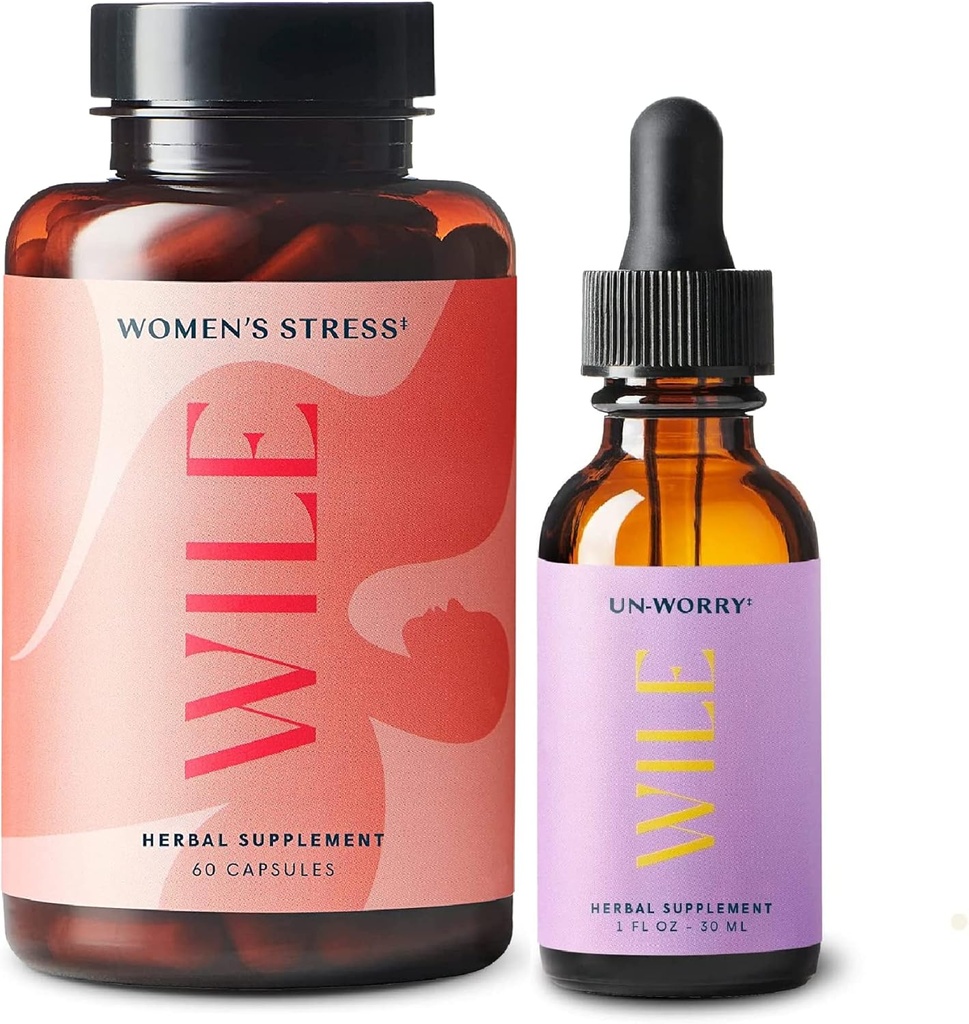 Wile妇女压力救济补充剂和无忧解药,2-Pack,Mood支助妇女,(1)瓶草药补充剂60 Capsules & (1)压力救济补剂,1fl oz
