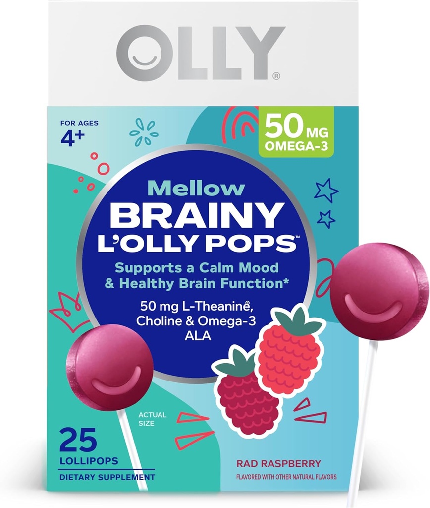 Olly Mellow Buddies L ' OLLY Pops, L-Theanine, Choline, Omega-3 ALA, Kids 4+ 饮食补充棒棒糖, 支持冷静的Mood与健康脑功能, * Vegan, Raspberry Flavored, 25 Counter