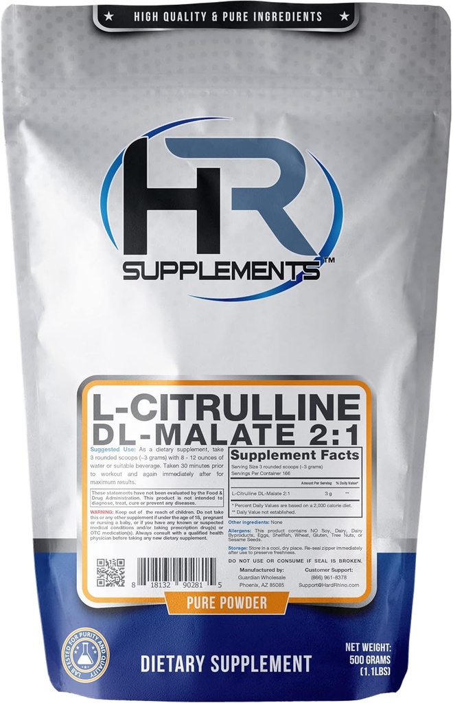 HR 补充 L- Citrulline DL-Malate 2:1 粉末,500格拉姆(1.1升),不受欢迎,经实验室测试,包括Scoop