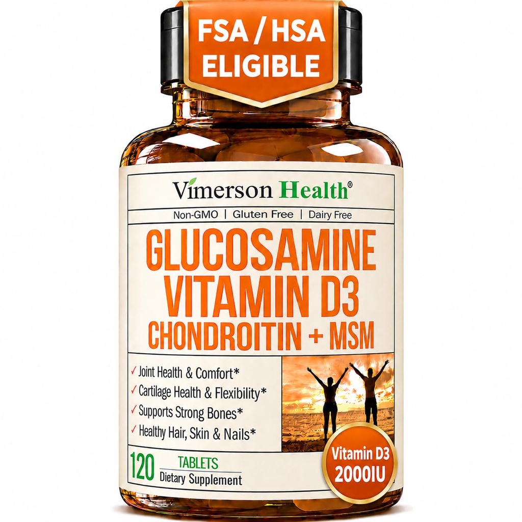 Glucosamine Chondroitin 配有维生素D3 2000IU – FSA 合格的男女联合补编 – 联合健康,毛皮钉,骨质健康与慰藉 MSM, Vit D, Bromelain & Boswellia – 120 Tabs