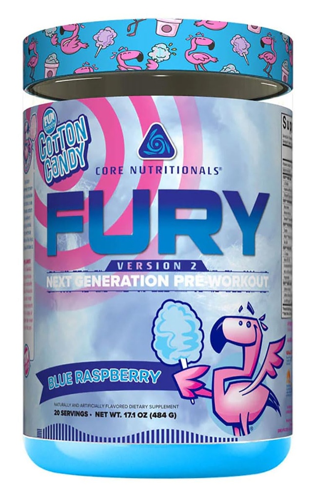 核心营养素Fury V2: 工作前粉,以最大限度地提高Gym W/Zum-XR®咖啡因,L-Citruline和Alpha GPC(40 Scoops)(Fun SweetsTM Blue Raspberry)的性能.
