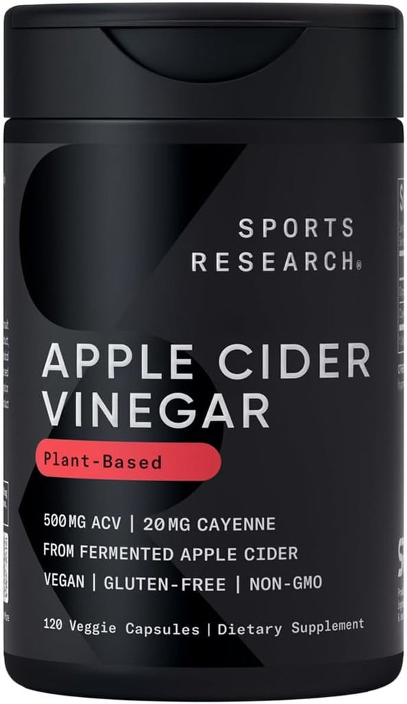 体育研究 Apple Cider Vinegar 配有 Cayenne Pepper QQ 由有机发酵的 Apple Cider 制成 - 非GMO项目认证 & Vegan认证(120 Veggie Capsules)