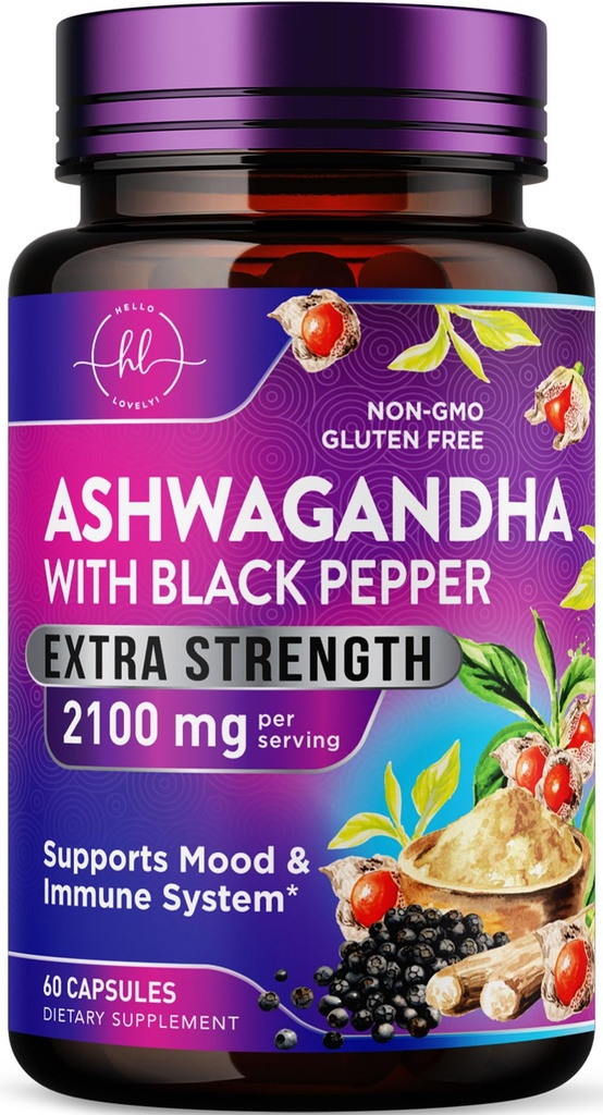 Ashwagandha 2,100 mg - Ashwagandha 配有粉末和根提取剂的Veggie Capsules妇女补充剂、高吸附剂的黑辣椒、植物基、非GMO、美国瓶装药 - 60 Veggie Capsules