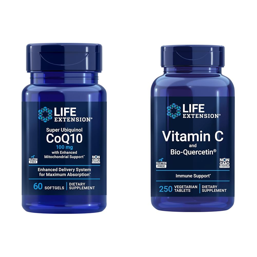 生命延长 Super Ubiquinol CoQ10 60 软胶和维生素C & Bio-Quercetin Phytos 250 片,用于心脏、细胞能量、免疫和总体健康支持