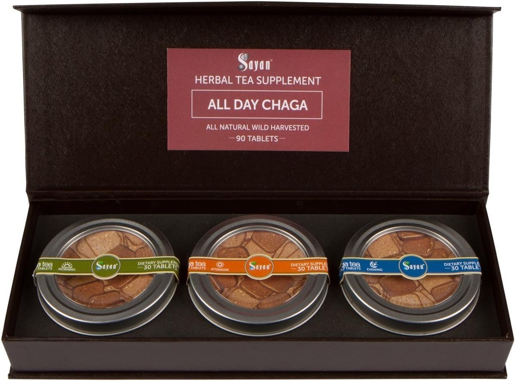 Sayan Siberian All Day set instant Chaga mushroom Tea, pack of 3 Daily Tablets (90 Pcs) - 野生-硬盘, Premium Blend - 天然抗氧化剂茶供免疫支持,能量增压和改进消化
