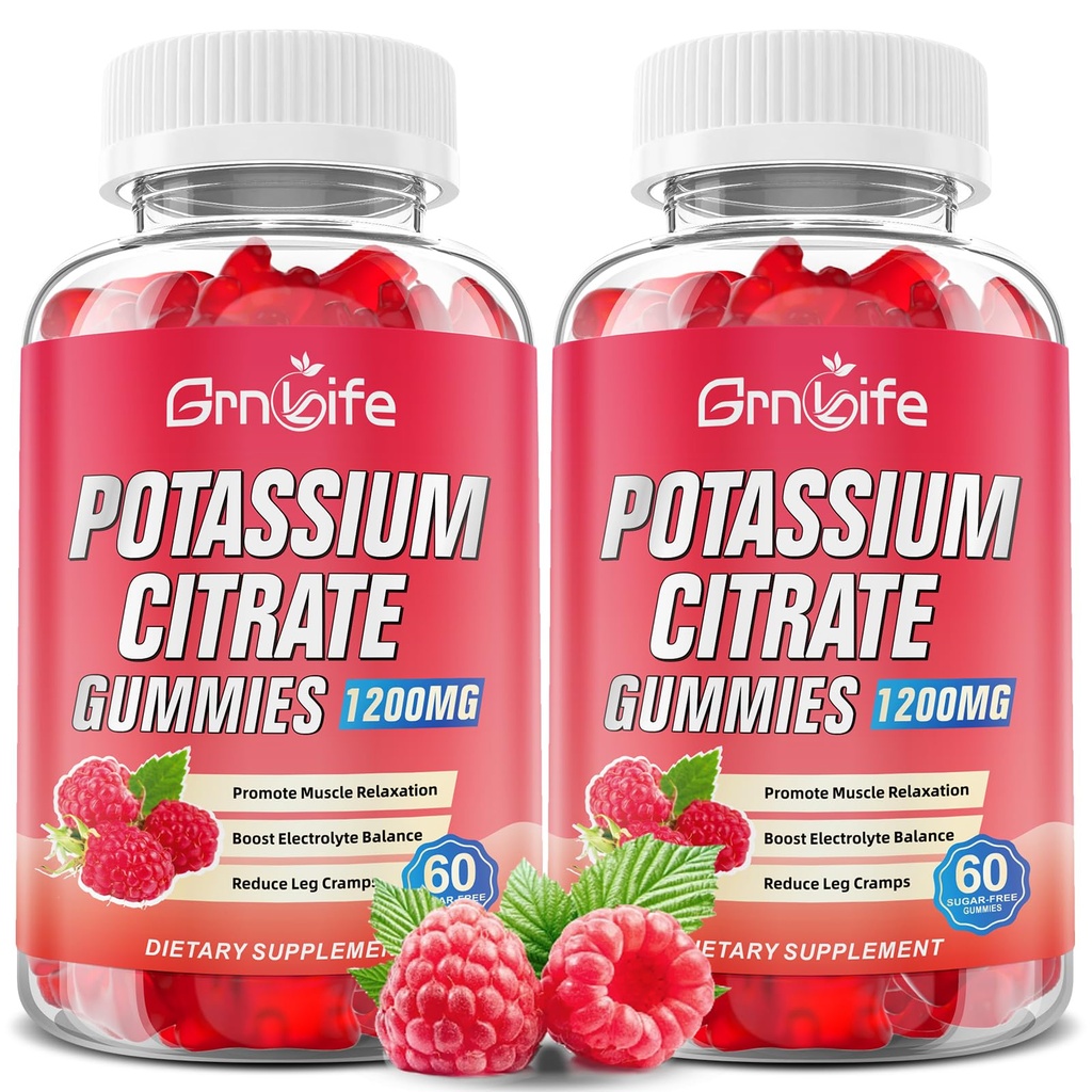 2 Pack Potassium Citrate Gummys, High Potassium Supplement Gummys 1200mg 支持腿板和肌肉健康, 成人和孩子的钾 Gummys, Vegan, Raspberry Flavor 120 Count