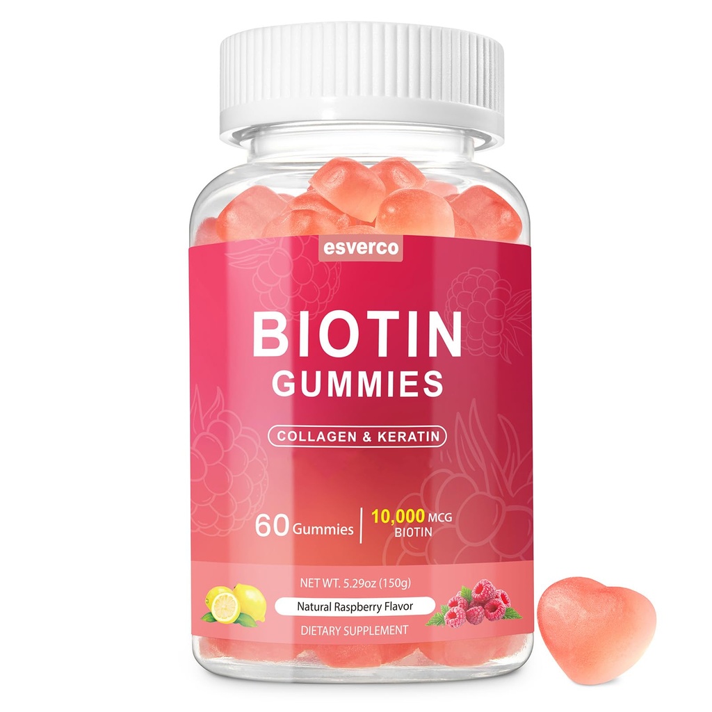 Biotin 10000mcg Keratin Collagen Gummys 补充 头发钉 维他命日报 头发钉 生长与强化 Gummys 女性 Vegan Biotin和维生素 C Gummy 60 计数