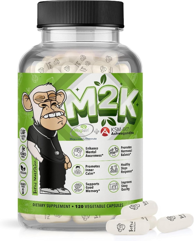 乏味营养 M2K:Mgtein Magnesium L-threonate & Ashwagandha 补充剂 - 1500mg Magtein, 300mg KSM-66, + 200mg Magnesium