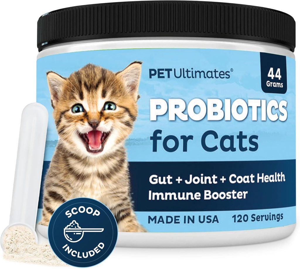 Pet Ultimates Probiotics for Cats – 20-Species Cat Probiotic Powder 治疗痢疾,呕吐,消化支持和猫类抗生素的恢复 – Cat Health Supports (44 gr)