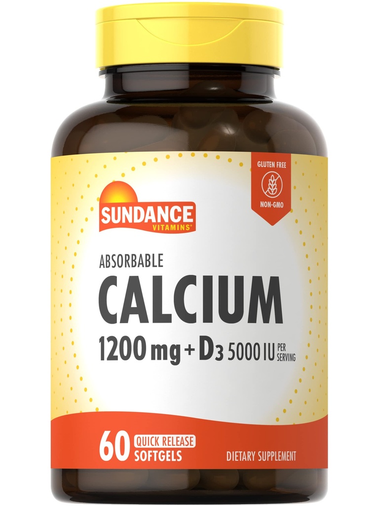 含有维生素D3 5000 IU的1200 mg的Sundance Calcium → 60 Absobbable Softgels → 非GMO & Gluten 免费补充
