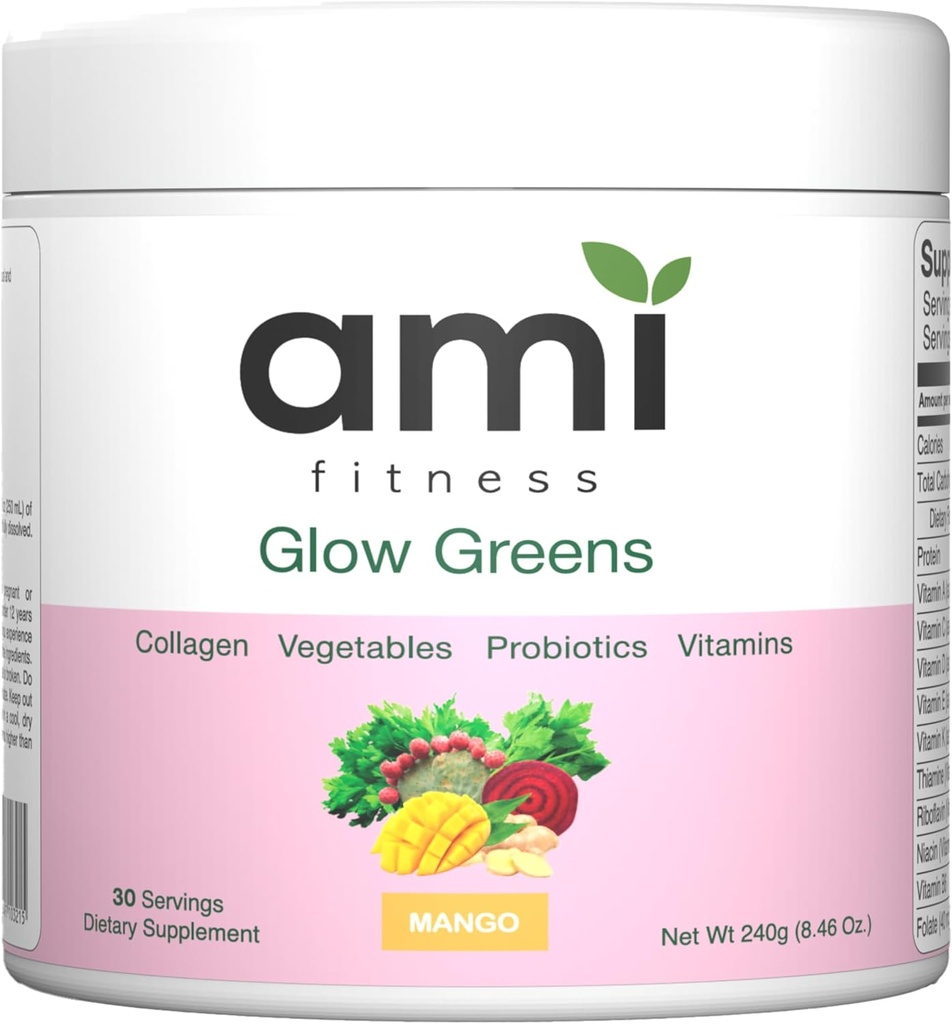 Glow Greens Powder, Collagen with Probiotics, Vitamins, 消化酶, 超级食品, Gut Health, Bloating Relief, Radiant Skin, 天然胶, Spiruina, Juice Mix, 30 SVG, 芒果