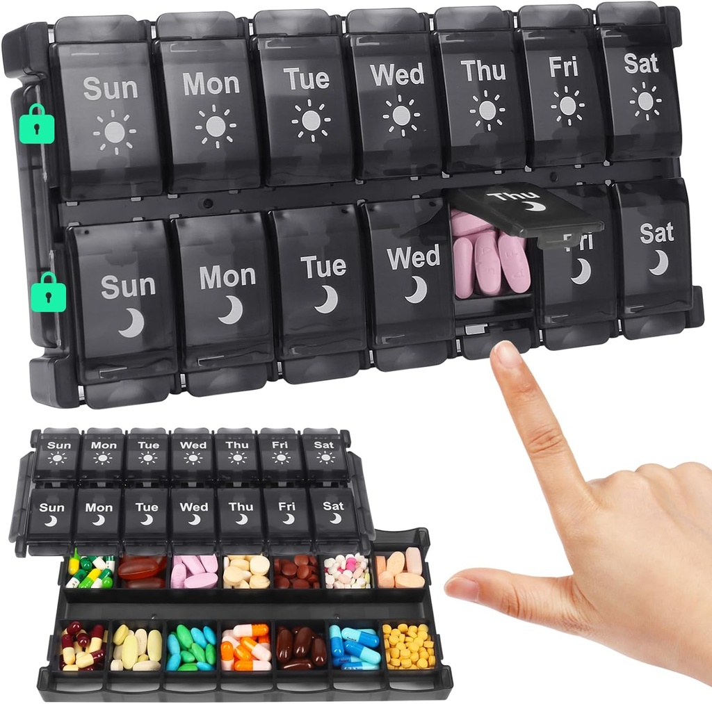 Shintop 周刊药盒 2 Times aday, Easy fill Medical Pill 组织者 Push Button Pill 案件 早间维生素组织者为鱼油补充品(黑色)