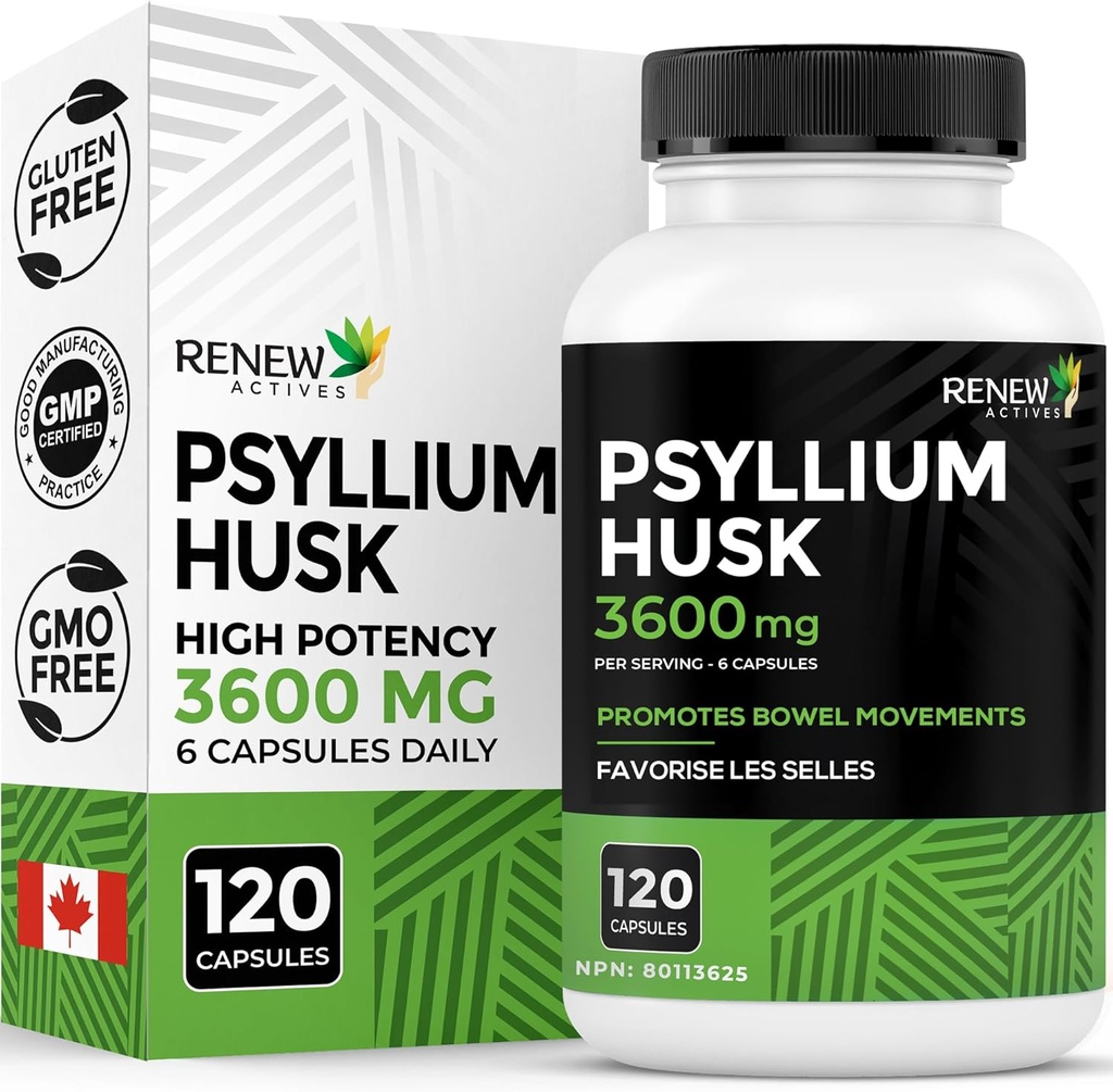 更新活性 Psyllium Husk 1200MG / 2 Capsules – Bulk-Forming Laxative & Solumiber 用于消化性健康,规律和成人健康 – 纯成分 – 加拿大制造 – 120 Capsules